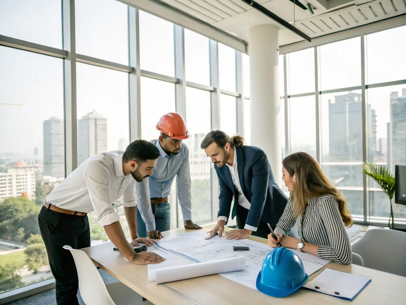 A photograph of a diverse team of developers collaborating in a modern office space, reviewing architectural plans and discussing project details, symbolizing innovation and teamwork.