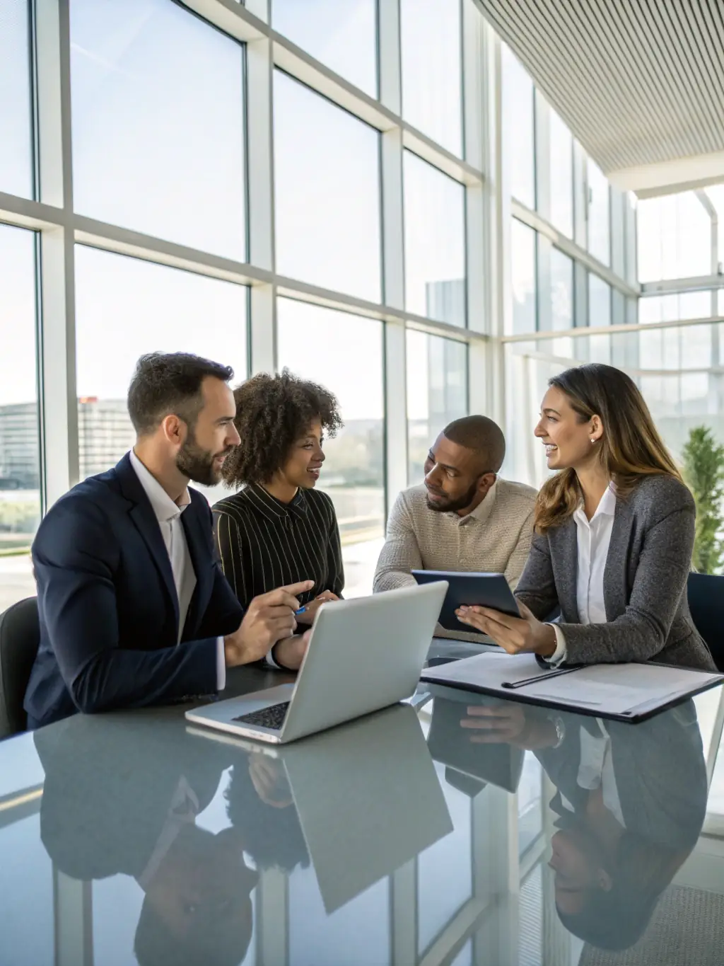 A diverse group of people collaborating around a table, reviewing property investment plans, highlighting the community aspect of Owners Investments.